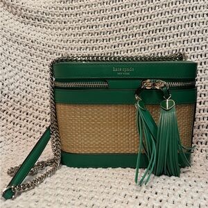 Kate Spade Picnic Basket Green and Tan Crossbody Bag with Tassels